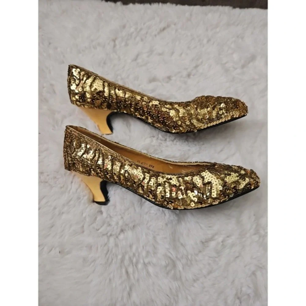 Valenti Franco Gold Sequin Beaded Kitten Heels‎ Pumps Size 7.5 Vintage Glam